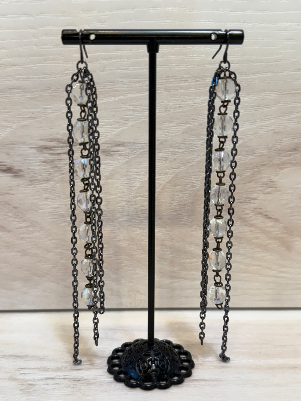 OOAK 5”L Vintage AB Faceted Glass Beaded Earrings w/ Gunmetal Chains Handmade